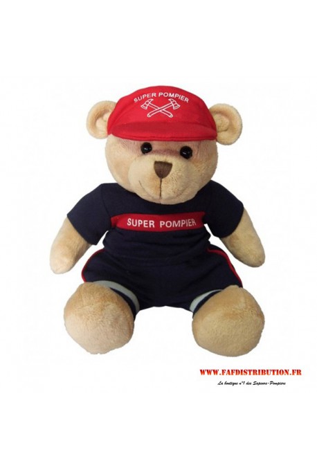 Peluche / Doudou Ourson "Super Pompier" aux couleurs des pompiers.