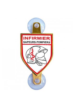 Plaque auto "Infirmier Sapeurs Pompiers" de forme badge